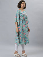 Thumbnail for Janasya Sea Green Floral Printed Kaftan Kurta - Distacart
