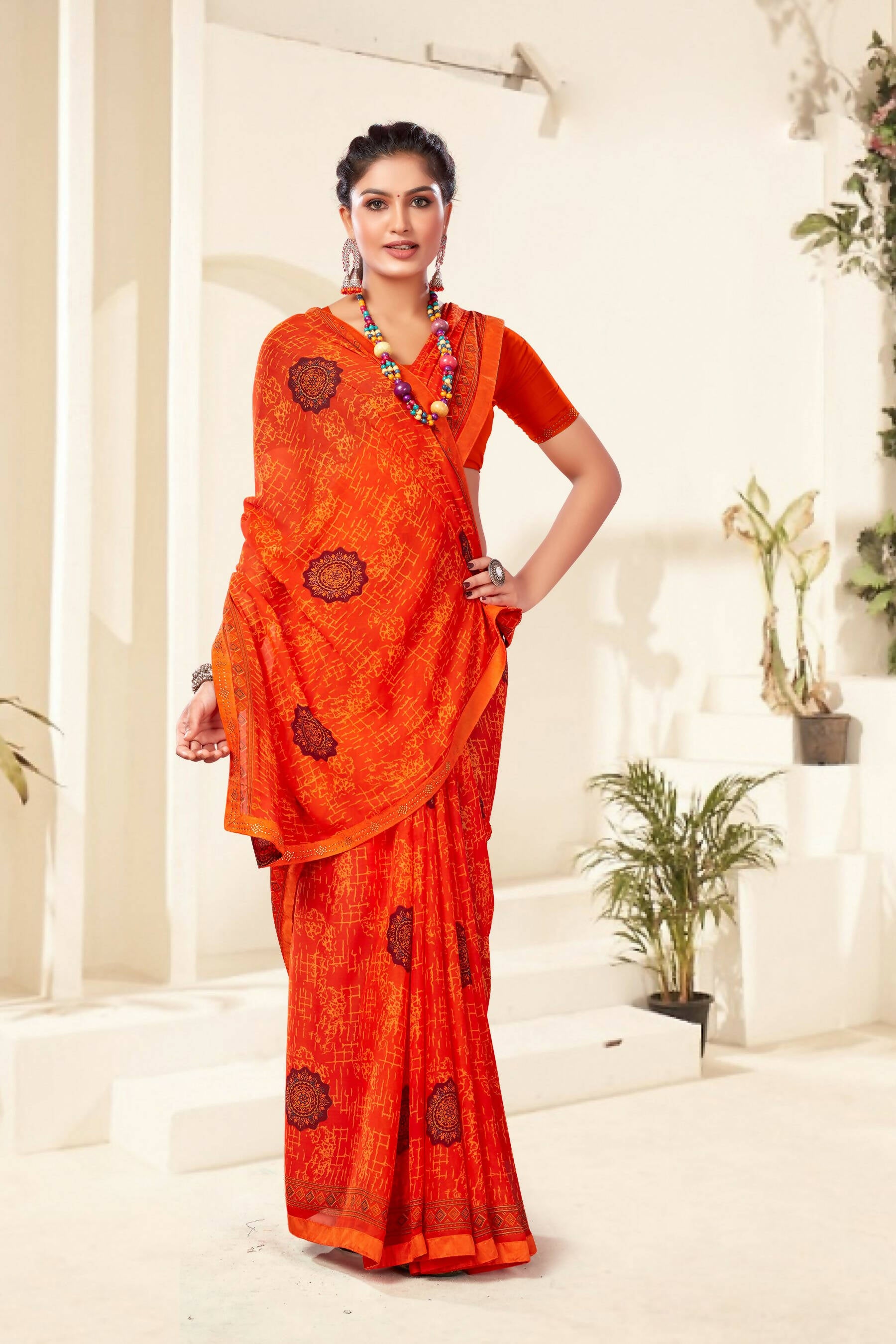 Orange Georgette Texture Printed Saree with Unstitched Blouse Piece - Akansha - Distacart