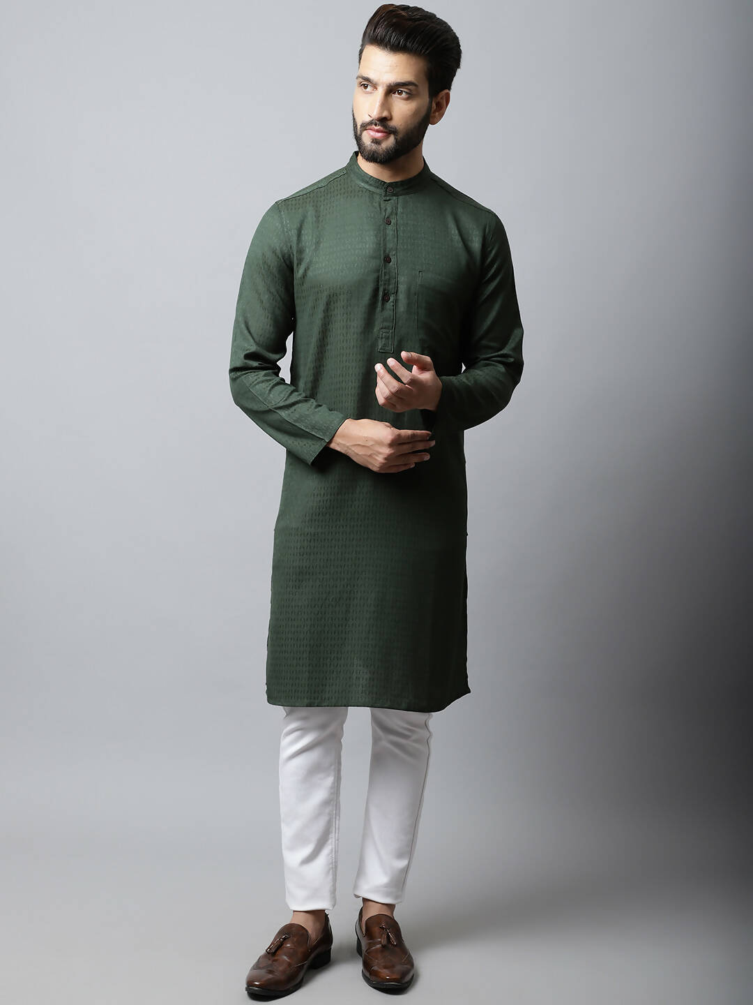 Even Apparels Green Color Viscose Pure Cotton Men's Kurta With Band Collar (SLD1197) - Distacart