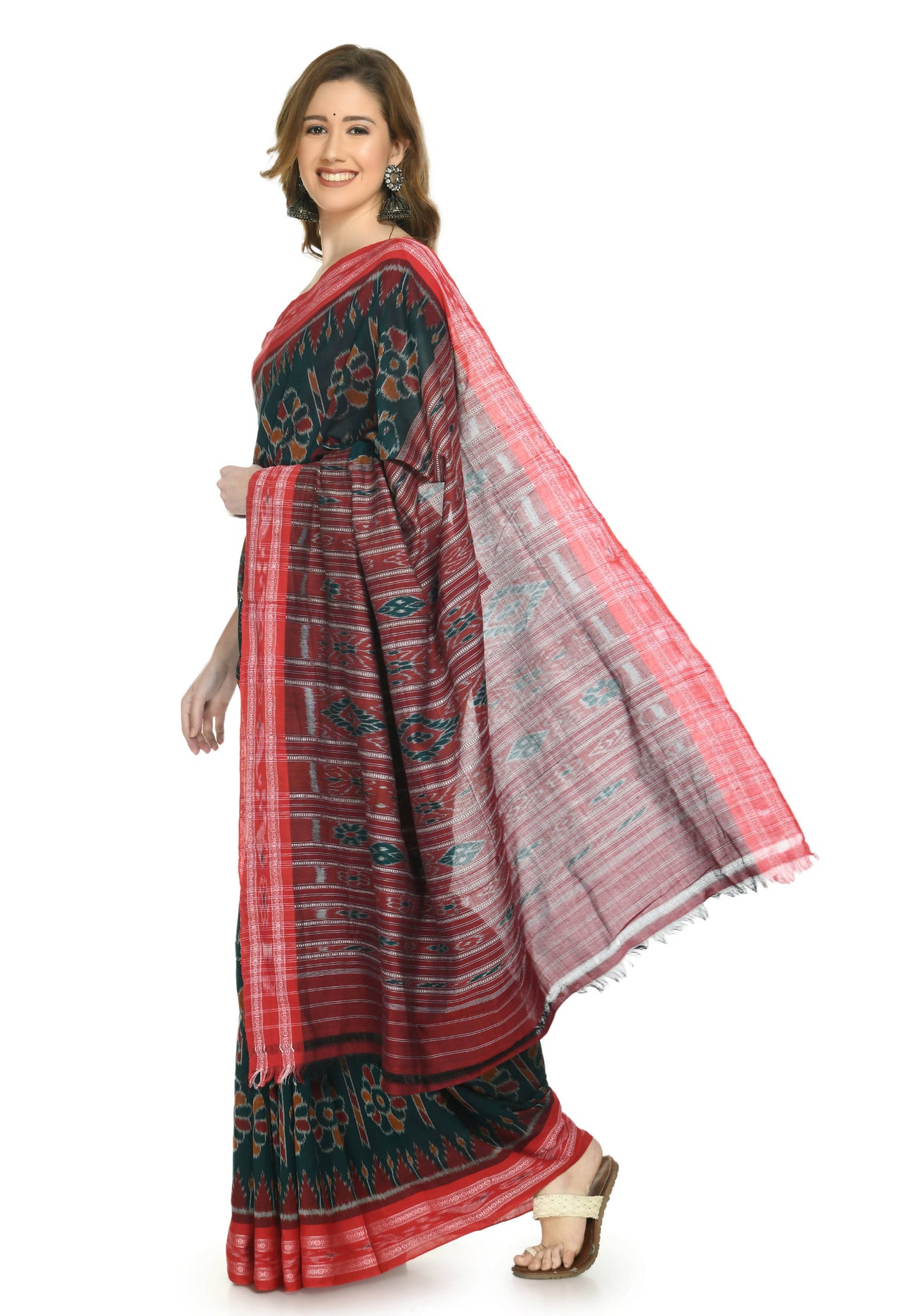 Vamika Sambalpuri Ikat Cotton Dehabandha Green & Red Saree - Distacart