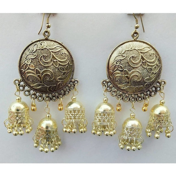 Gold Plated Triple Jhumka Round Shape Chandbali Earrings