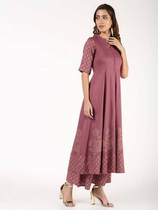 Aniyah Rayon Block Print Anarkali Flared Kurta With Palazzo Set Dusty Pink (AN-156K)