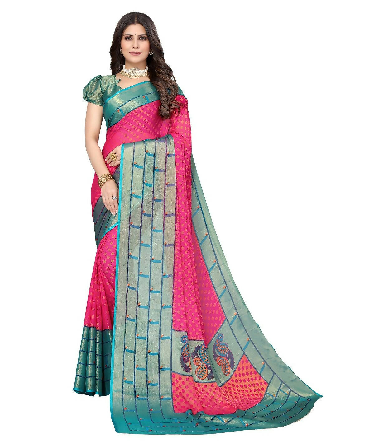 Vamika Pink Chiffon Brasso Bollywood Style Woven Saree (DIMPLE PINK) - Distacart