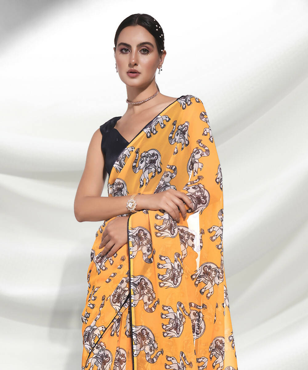 Yellow Georgette Animal Printed Saree With Unstitched Blouse Piece - Rajal - Distacart