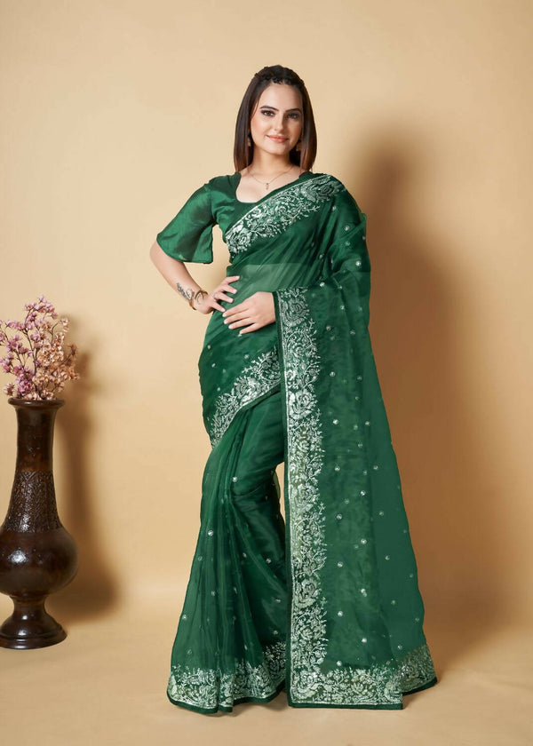 Vamsee Green Organza Saree - Distacart