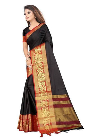 Vamika Banarasi Cotton Silk Weaving Black Saree (DOCTOR MOR BLACK)