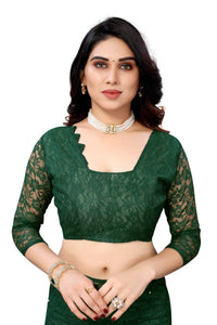 Thumbnail for Vamika Ethnic Fire Green Pearls Net Saree - Distacart