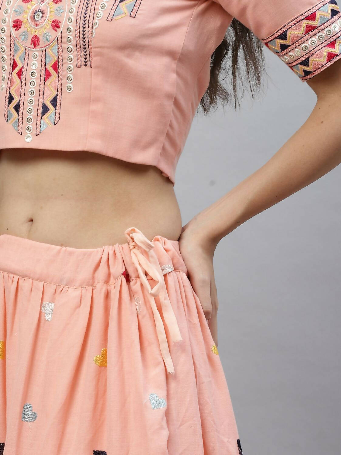 Pink Cotton Embroidered Work Lehenga Choli with Dupatta - Jivika - Distacart