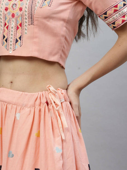 Pink Cotton Embroidered Work Lehenga Choli with Dupatta - Jivika - Distacart