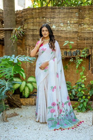 Vishnu Weaves Women's Pink Muga Cotton Woven Butti Saree with Blouse - Distacart