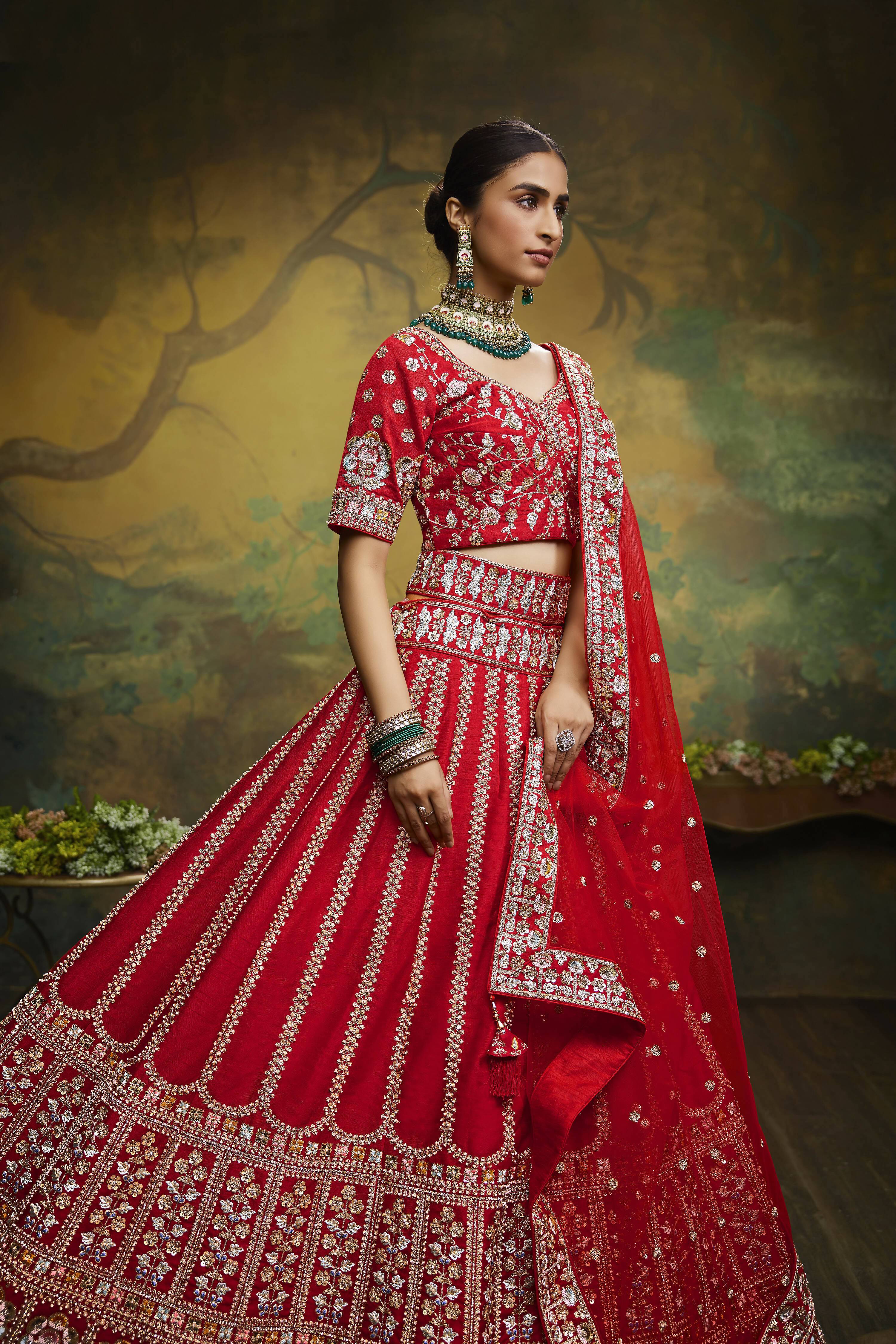 House of Panchhi Red Pure Silk Moti & Zarkan heavy embroidery Lehenga choli & Dupatta - Distacart