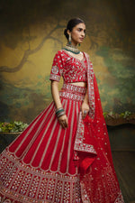 Thumbnail for House of Panchhi Red Pure Silk Moti & Zarkan heavy embroidery Lehenga choli & Dupatta - Distacart