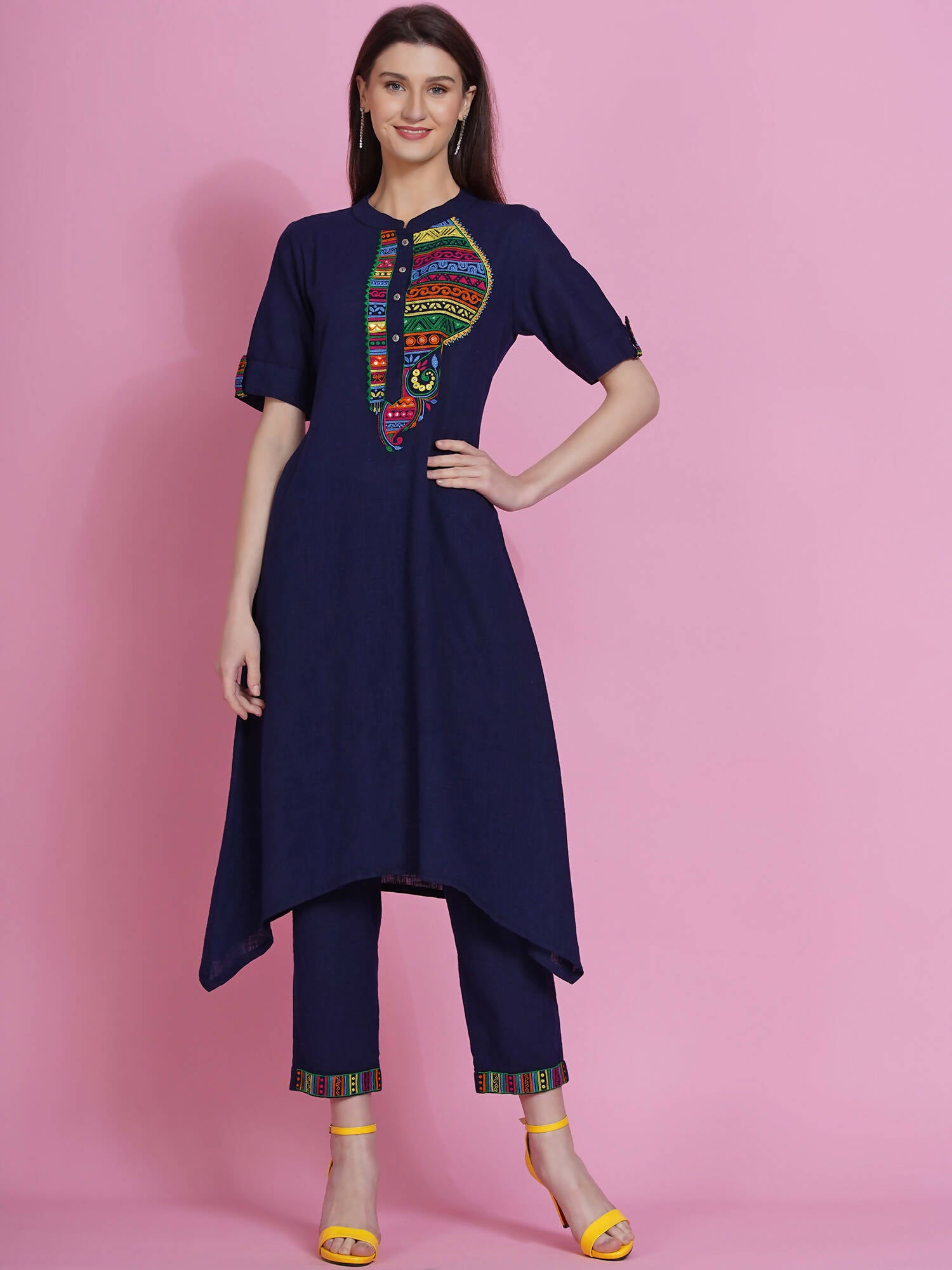 Women Republic Navy Blue Cotton Embroidered Kurta With Pants - Distacart