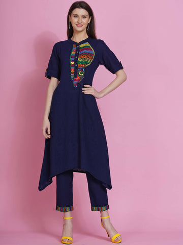 Women Republic Navy Blue Cotton Embroidered Kurta With Pants - Distacart