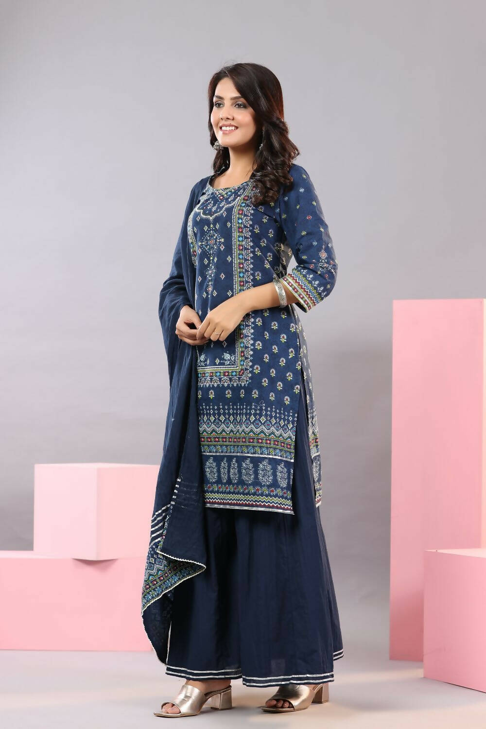 Juniper Women Indigo Cotton Cambric Printed Kurta, Palazzo and Dupatta Set - Distacart