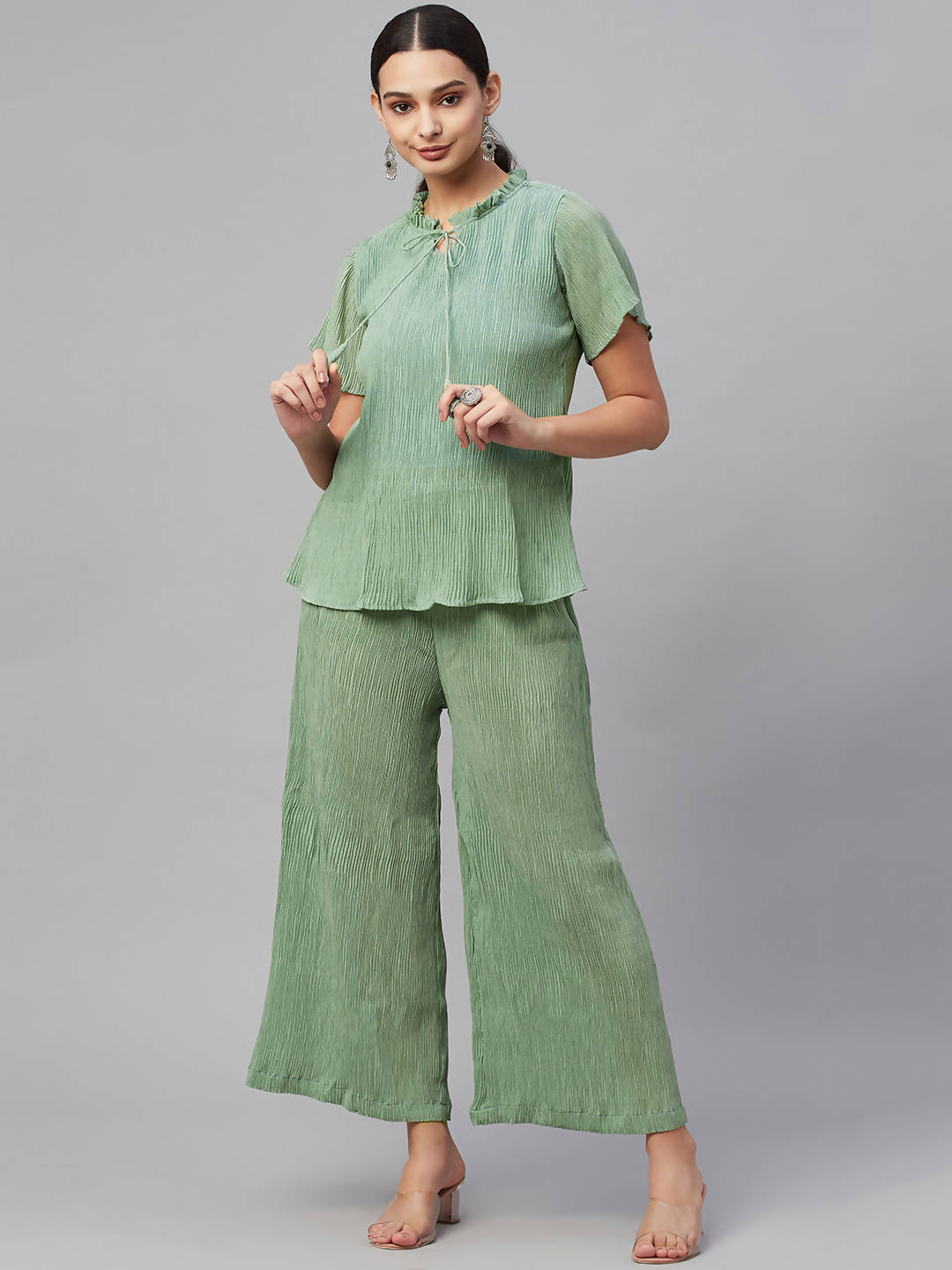 Myshka Women Green Chiffon Round Neck Top Palazzo Set - Distacart