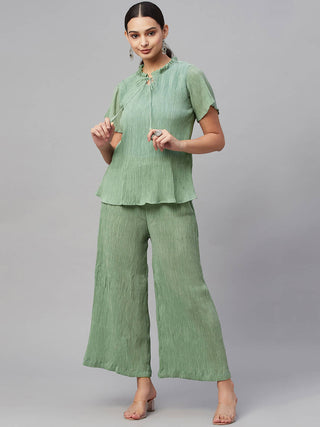 Myshka Women Green Chiffon Round Neck Top Palazzo Set - Distacart