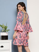 Thumbnail for InWeave Women's Pink Floral Blue Bell Sleeve Dress - Distacart