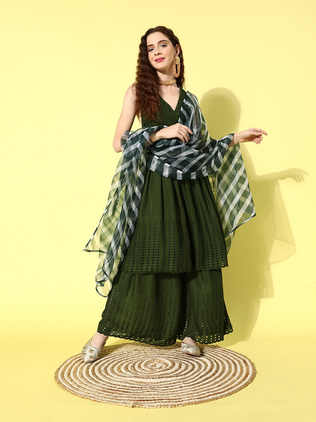 InWeave Women's Green Lace Work Backless Kurta Sharara Set With Lehariya Dupatta - Distacart