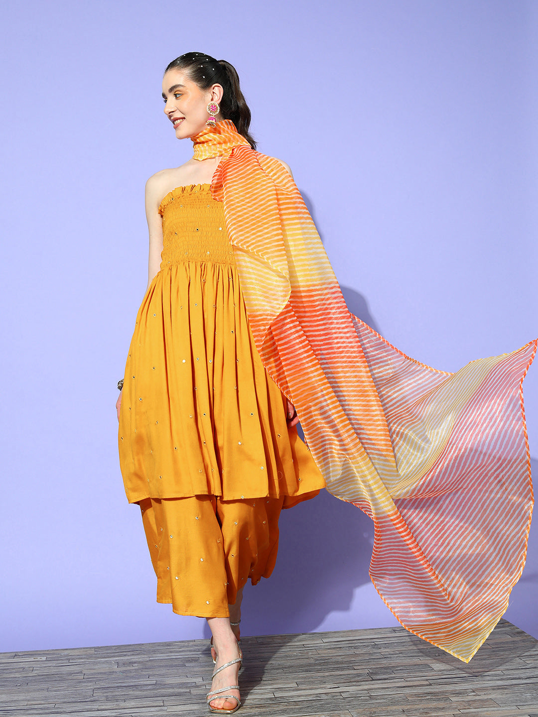 InWeave Women's Mustard Mirror Work Off Shoulder Kurta Set With Dupatta - Distacart