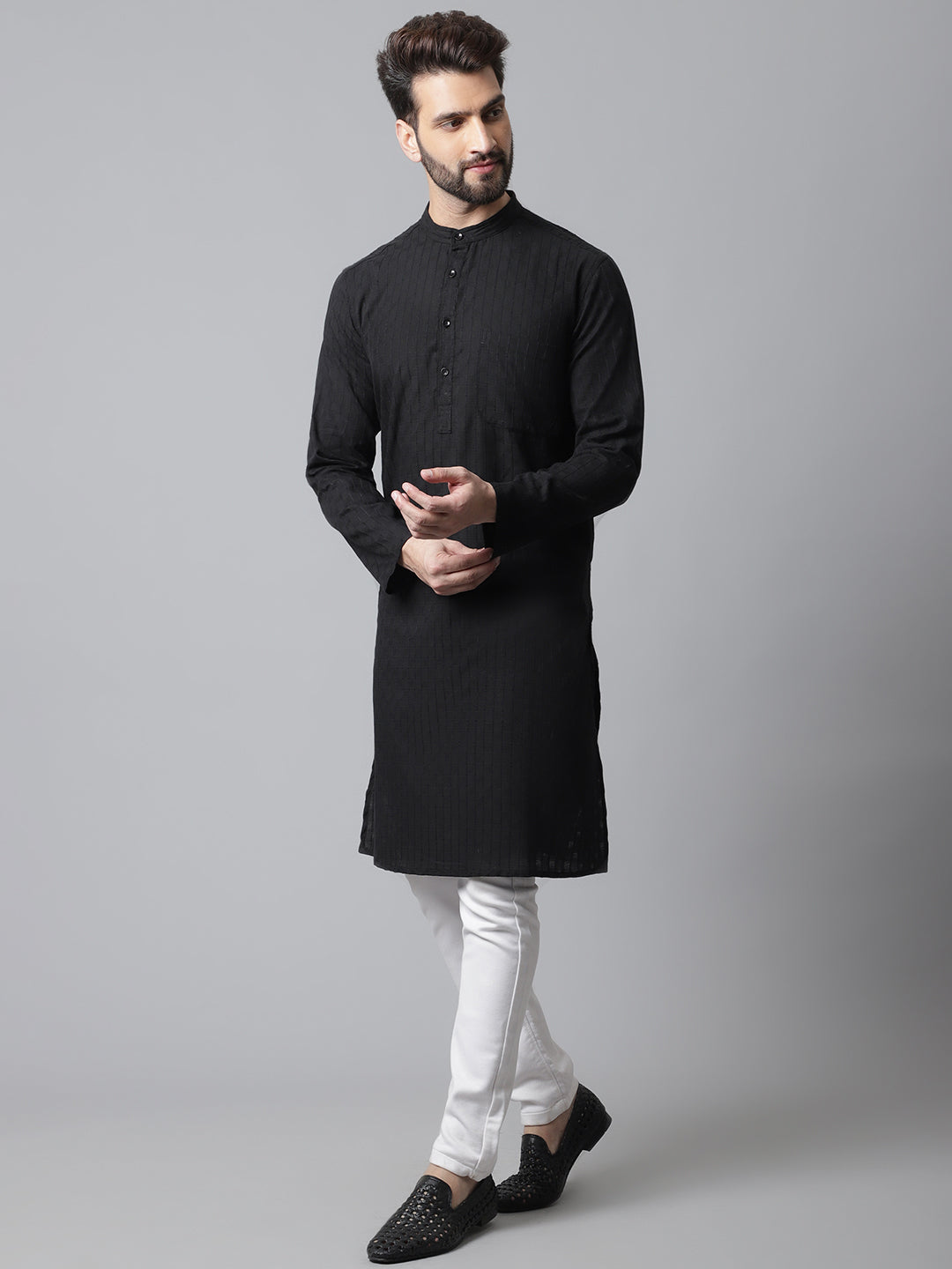 Even Apparels Black Long Kurta With Band Collar - Distacart