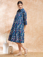 Thumbnail for InWeave Women's Blue Pink Kalamkari Flared Dress - Distacart