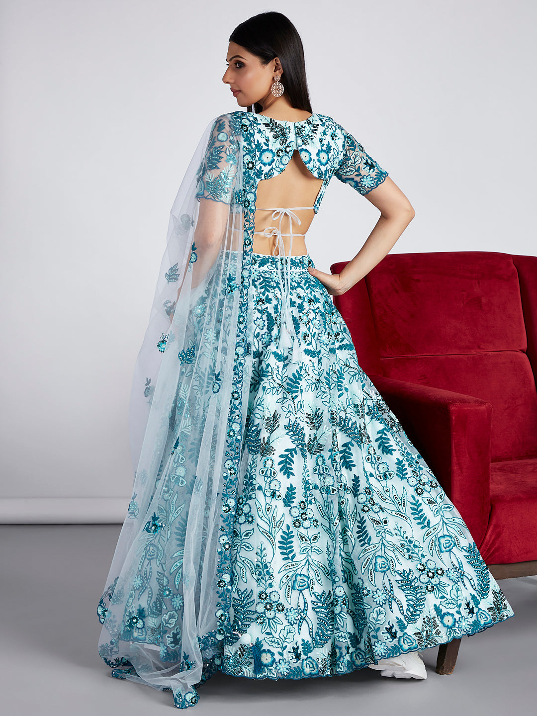 House of Panchhi Turquoise Blue Net Sequins, Mirror And Thread Embroidery Lehenga Choli & Dupatta - Distacart