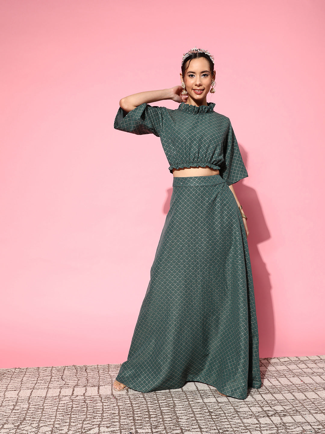 InWeave Women's Hunter Green Gold Crop Top With Side Slit Skirt - Distacart
