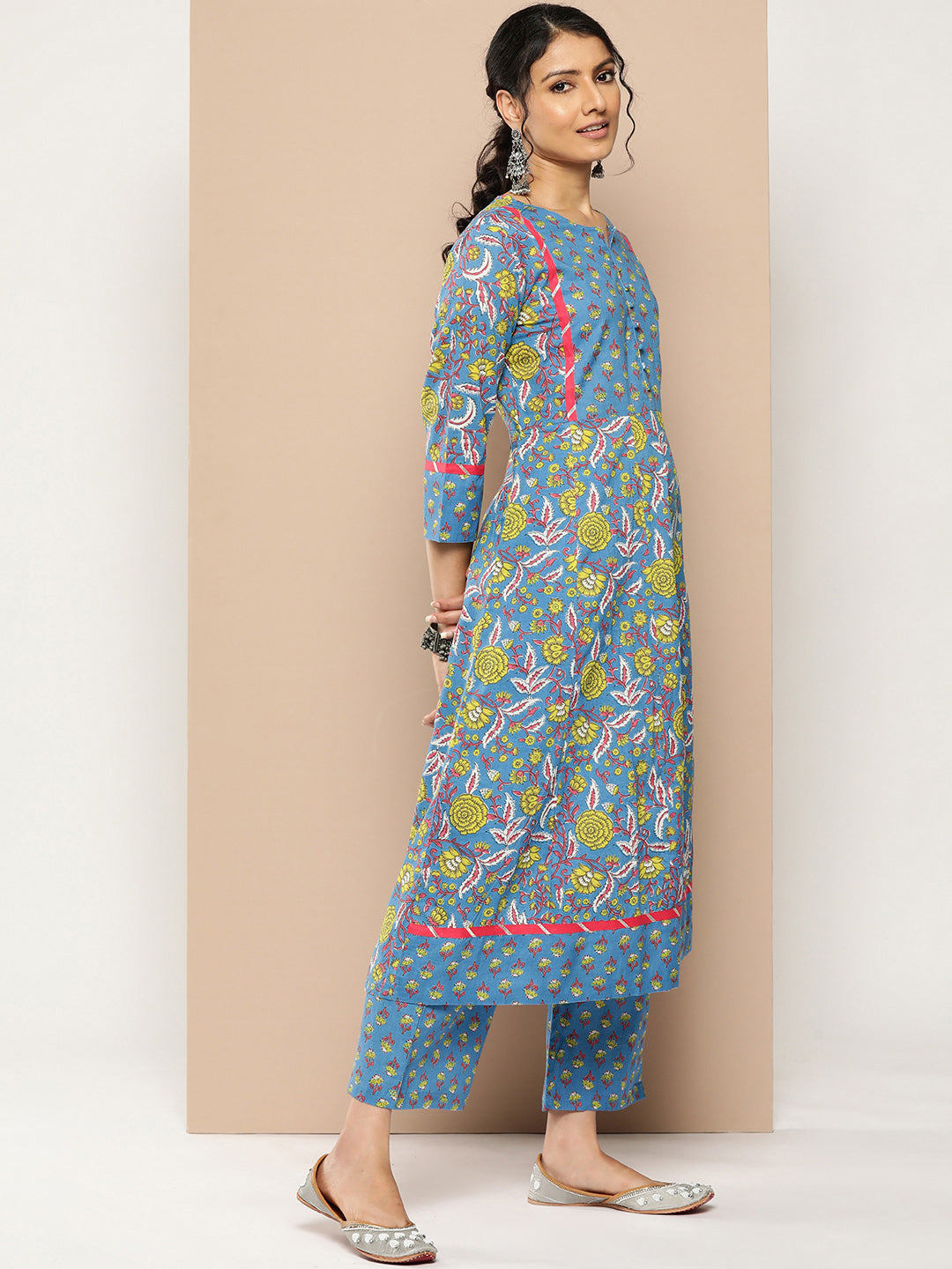 KSUT (House of Varanga) Blue Floral Printed Anarkali Kurta Paired With Printed Palazzo And Dupatta - Distacart