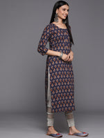 Thumbnail for Varanga Navy Blue Floral Printed Straight Kurta With Three Quarter Sleeves - Distacart