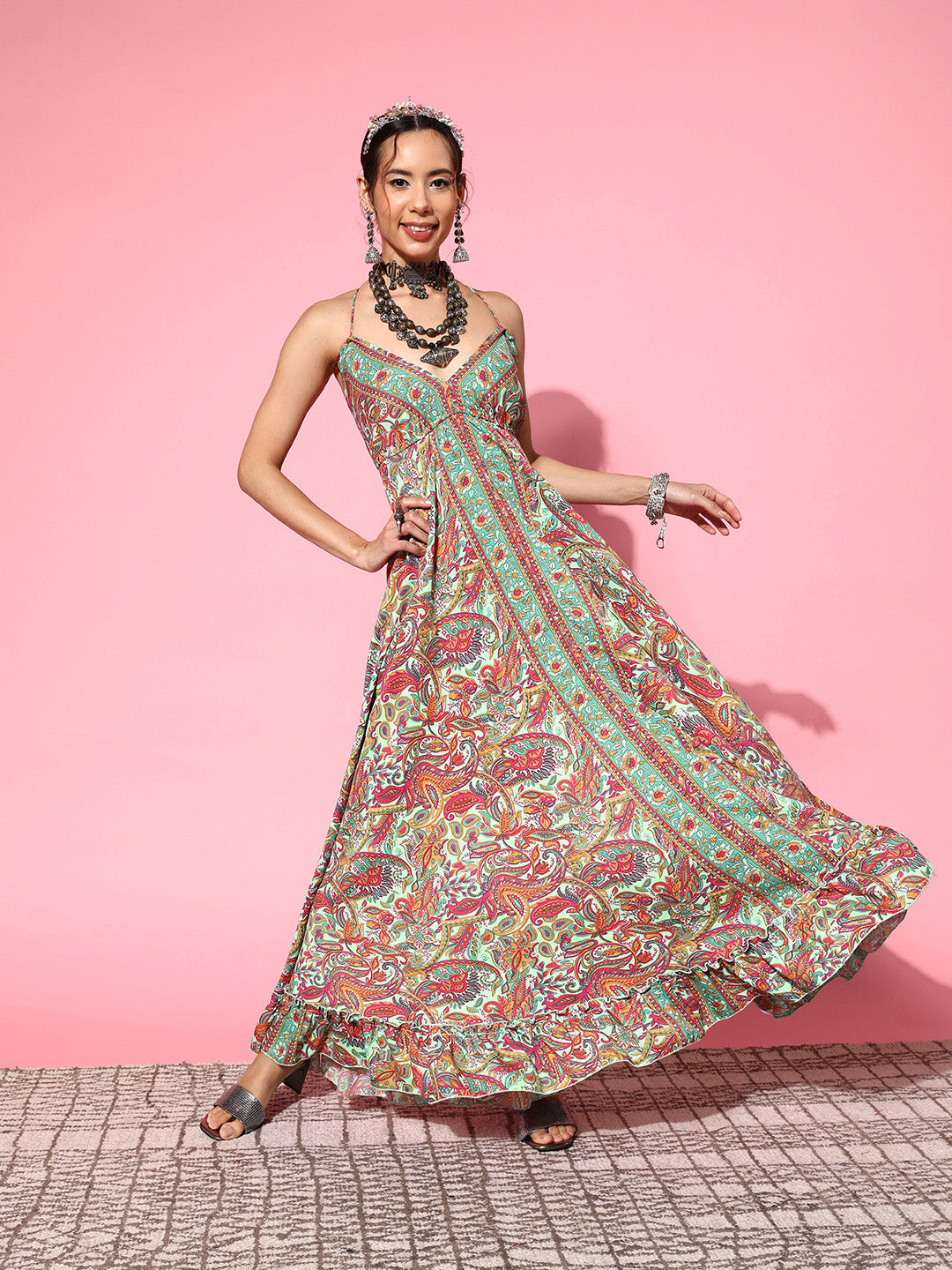 InWeave Women's Green Paisley Print Back Detail Long Dress - Distacart