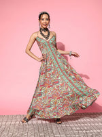 Thumbnail for InWeave Women's Green Paisley Print Back Detail Long Dress - Distacart