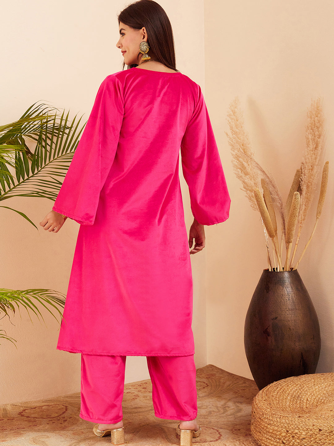 InWeave Women's Magenta V Neck Asymmetrical Pleated Velvet Kurta Set - Distacart
