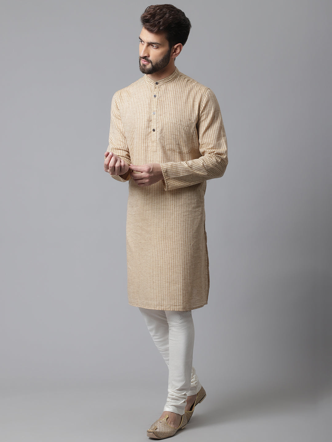 Even Apparels Beige Solid Kurta With Band Collar - Distacart