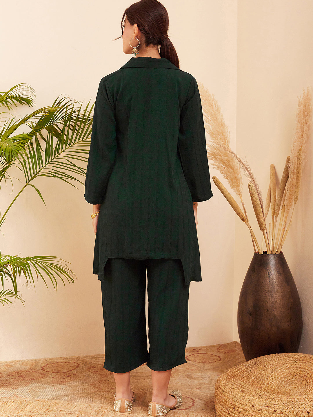 InWeave Women's Forest Green Collared Front Button Blazer Kurta Pant Set - Distacart