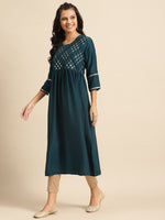 Thumbnail for Varanga Teal And Gold Mirror Work Embroidery Kurta With 3/4Th Mirror Work Sleeves - Distacart