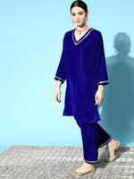 Thumbnail for InWeave Women's Blue Velvet Kurta Set With Beige Brocade Dupatta - Distacart