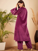 Thumbnail for InWeave Women's Wine V Neck Asymmetrical Pleated Velvet Kurta Set - Distacart