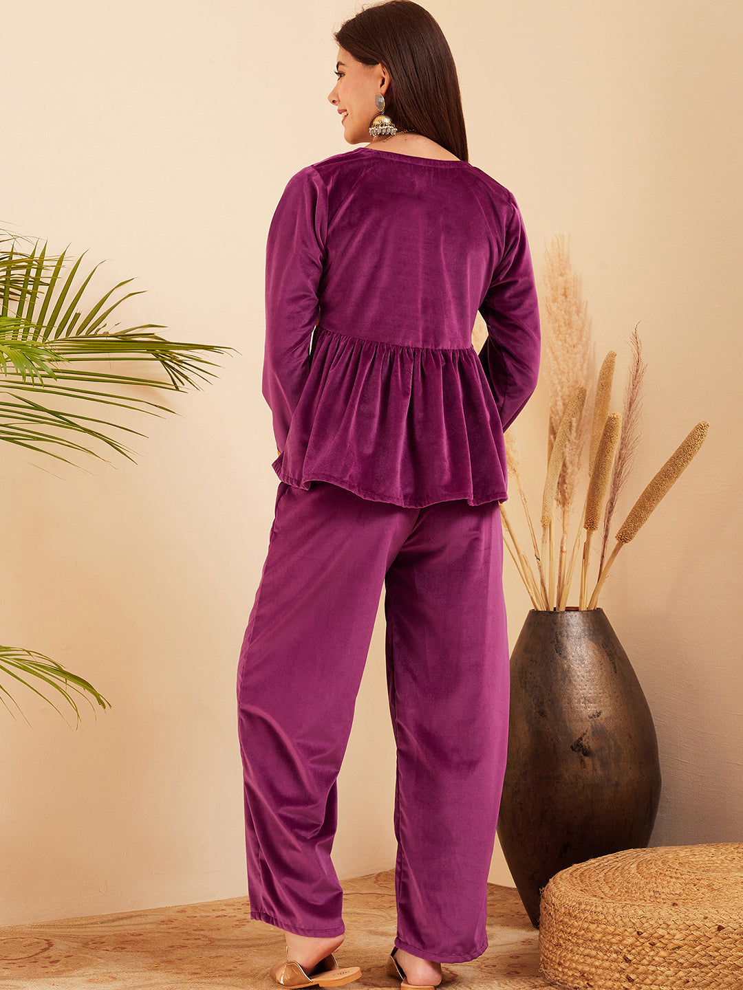 InWeave Women's Wine Mughal Shaan Style Velvet Short Kurta Set - Distacart