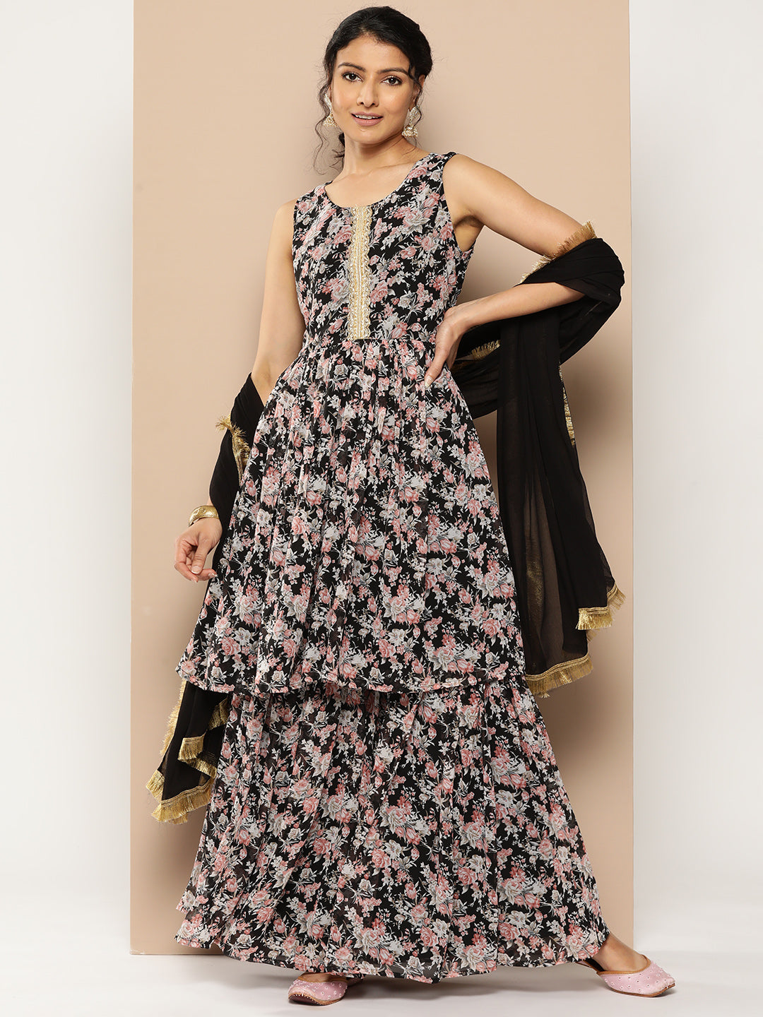 KSUT (House of Varanga) Black Printed Anarkali Kurta Paired With Sharara And Plain Tonal Dupatta - Distacart