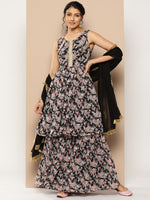 Thumbnail for KSUT (House of Varanga) Black Printed Anarkali Kurta Paired With Sharara And Plain Tonal Dupatta - Distacart