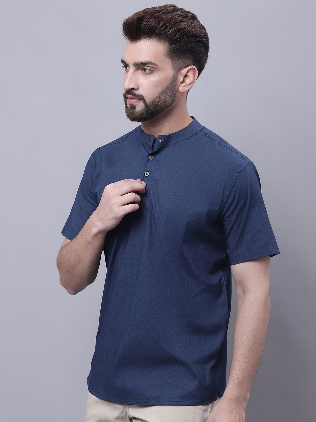 Even Apparels Blue Pure Cotton Short Kurta With Band Collar - Distacart