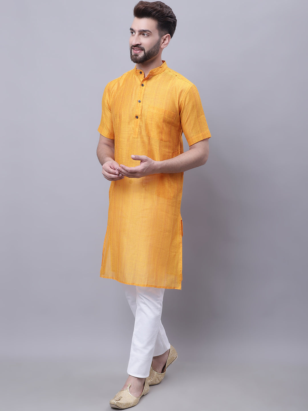 Even Apparels Yellow Pure Cotton Short Sleeves Kurta With Band Collar - Distacart