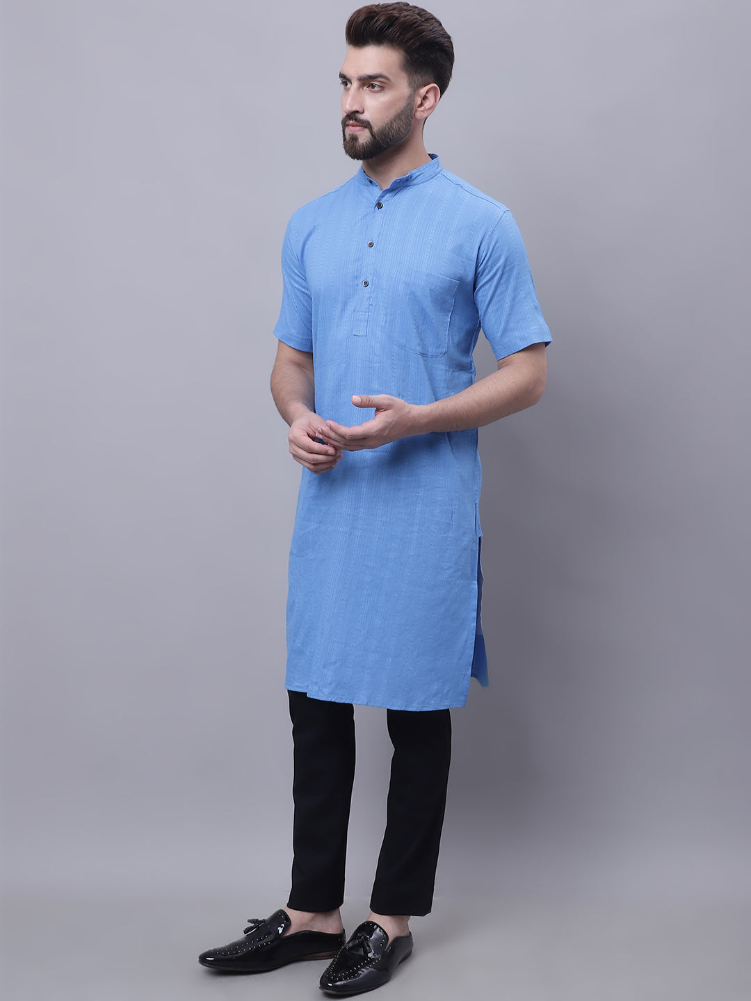 Even Apparels Blue Pure Cotton Short Sleeves Kurta With Band Collar - Distacart