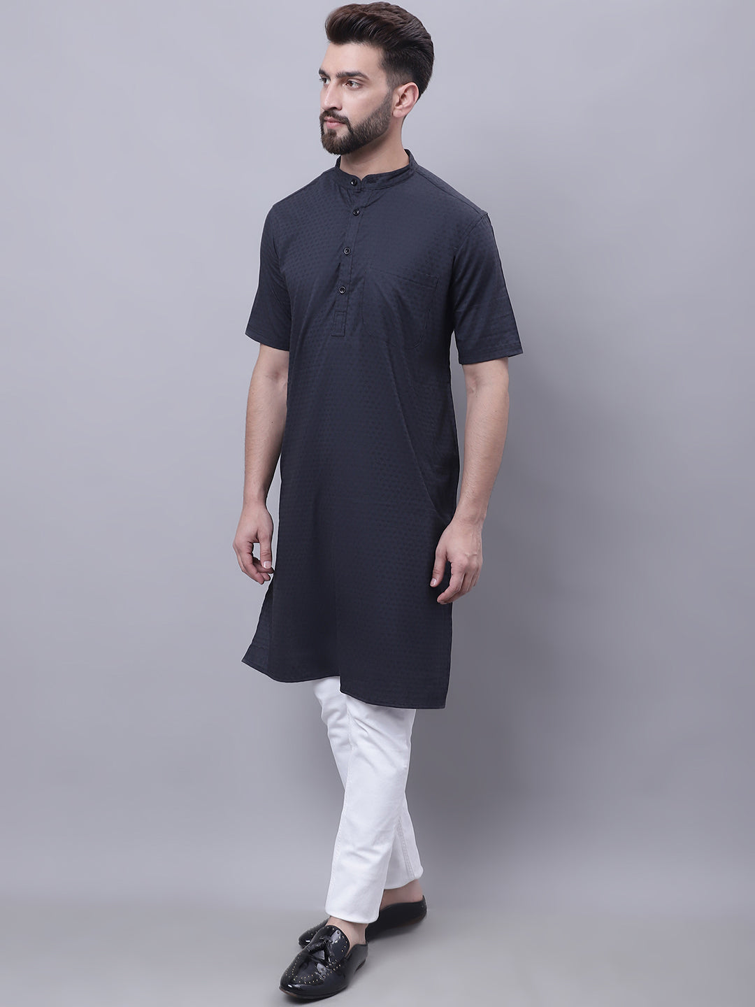 Even Apparels Black Pure Cotton Short Sleeves Kurta With Band Collar - Distacart