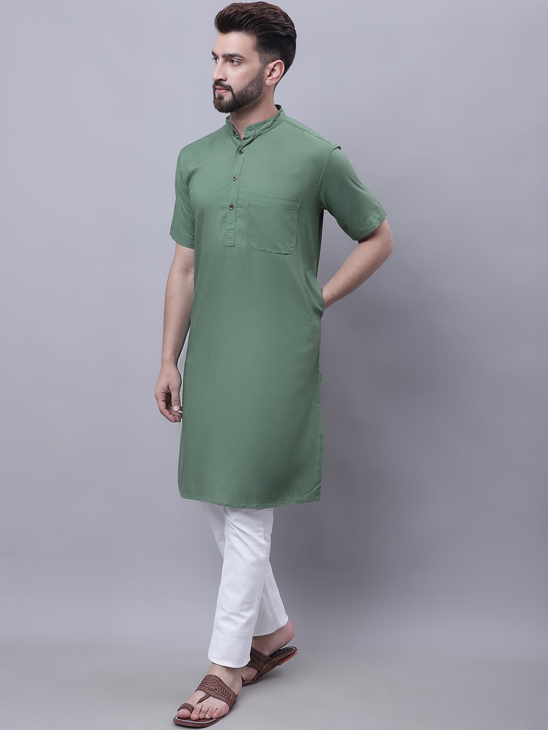 Even Apparels Green Pure Cotton Short Sleeves Kurta With Band Collar - Distacart