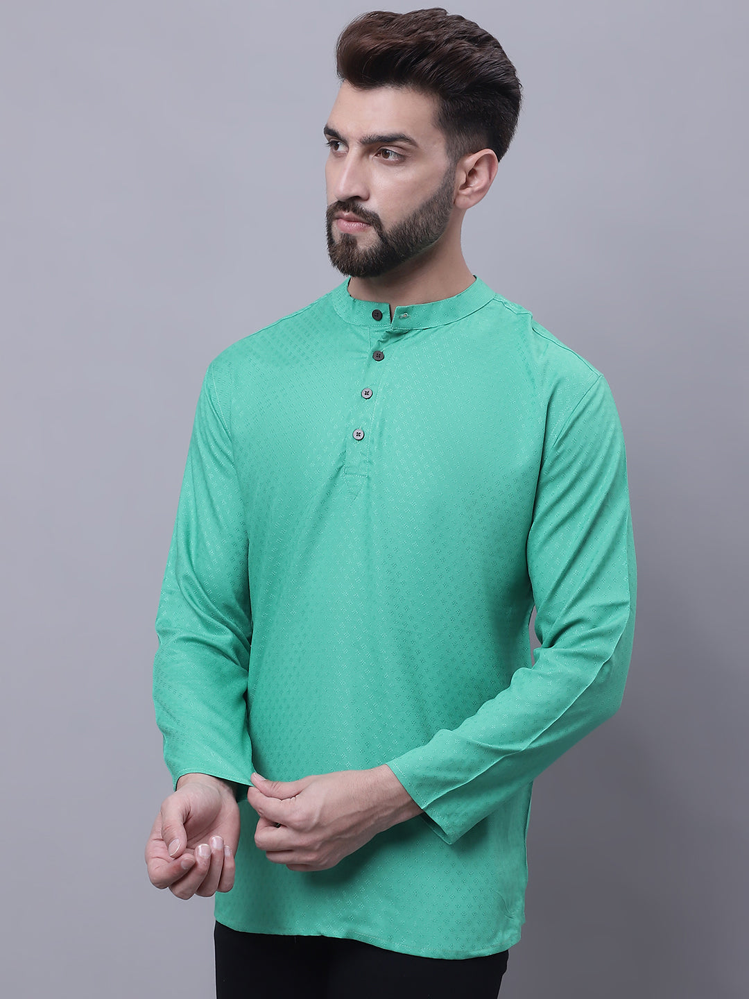 Even Apparels Green Pure Cotton Short Kurta With Band Collar - Distacart