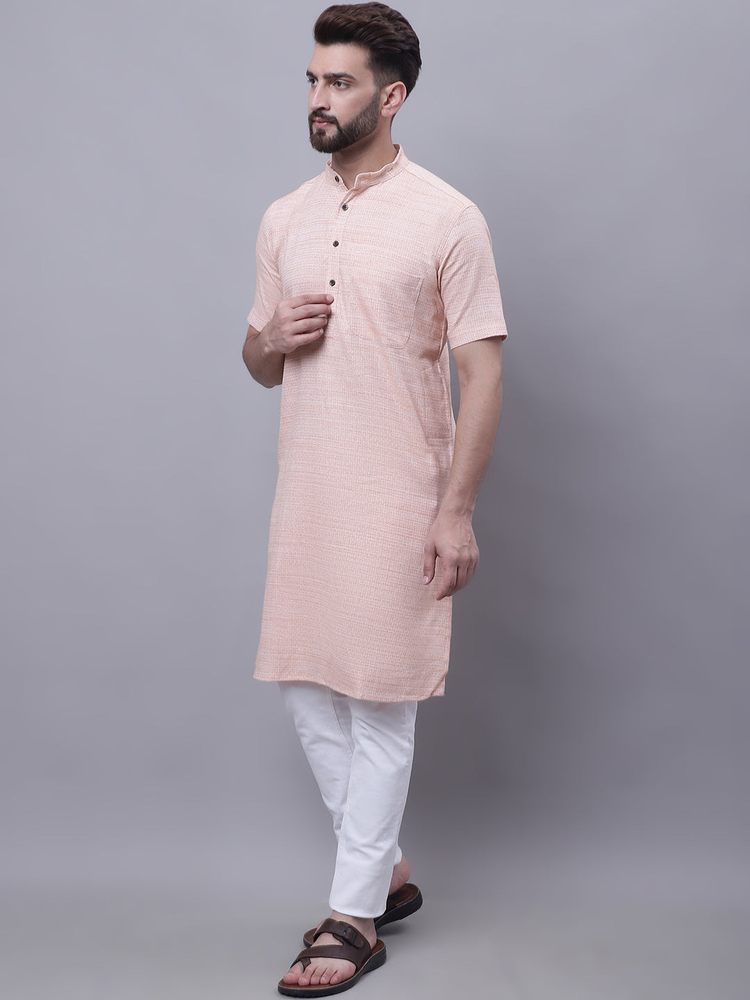 Even Apparels Peach Pure Cotton Short Sleeves Kurta With Band Collar - Distacart