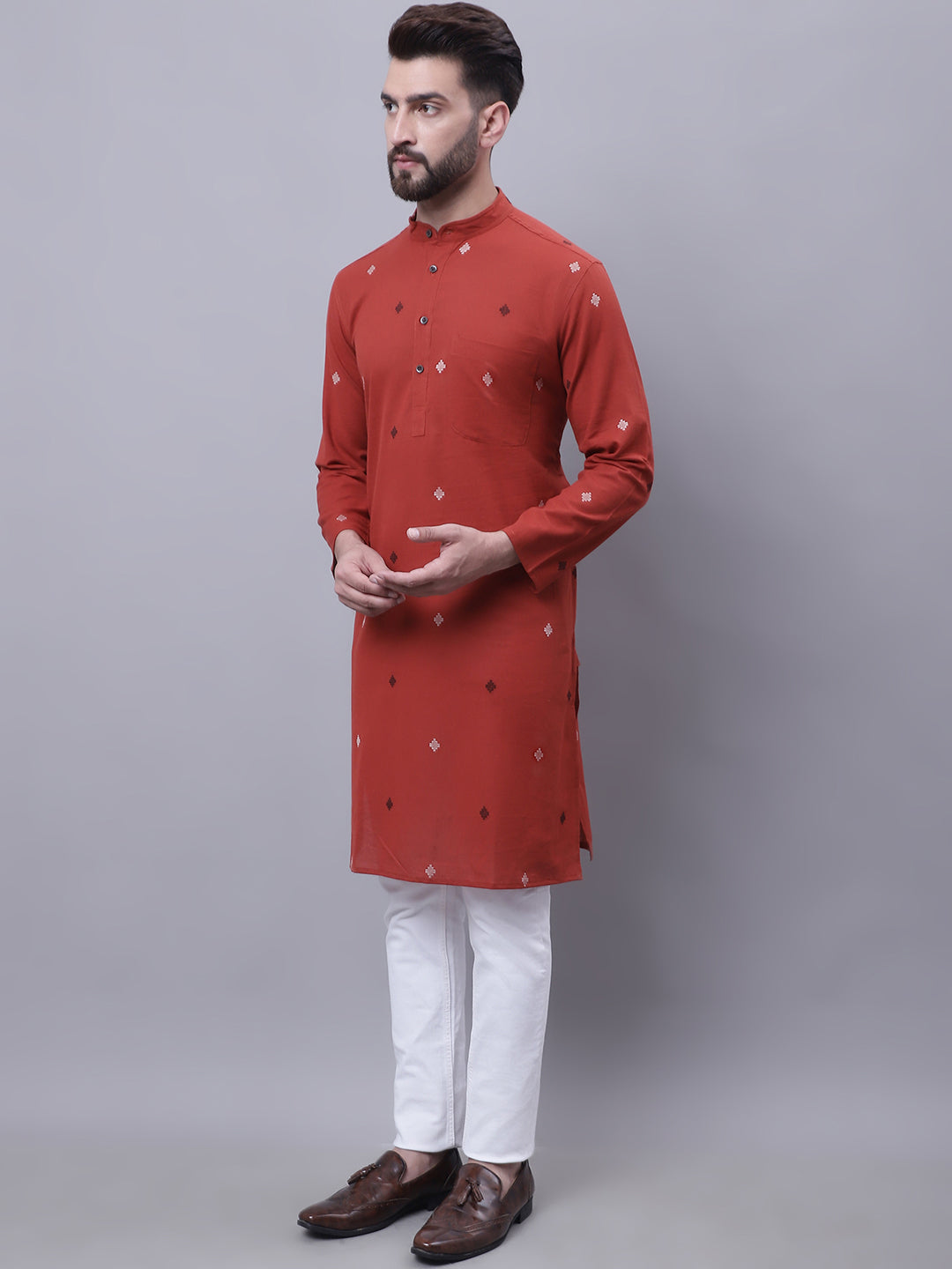 Even Apparels Rust Pure Cotton Kurta With Band Collar - Distacart
