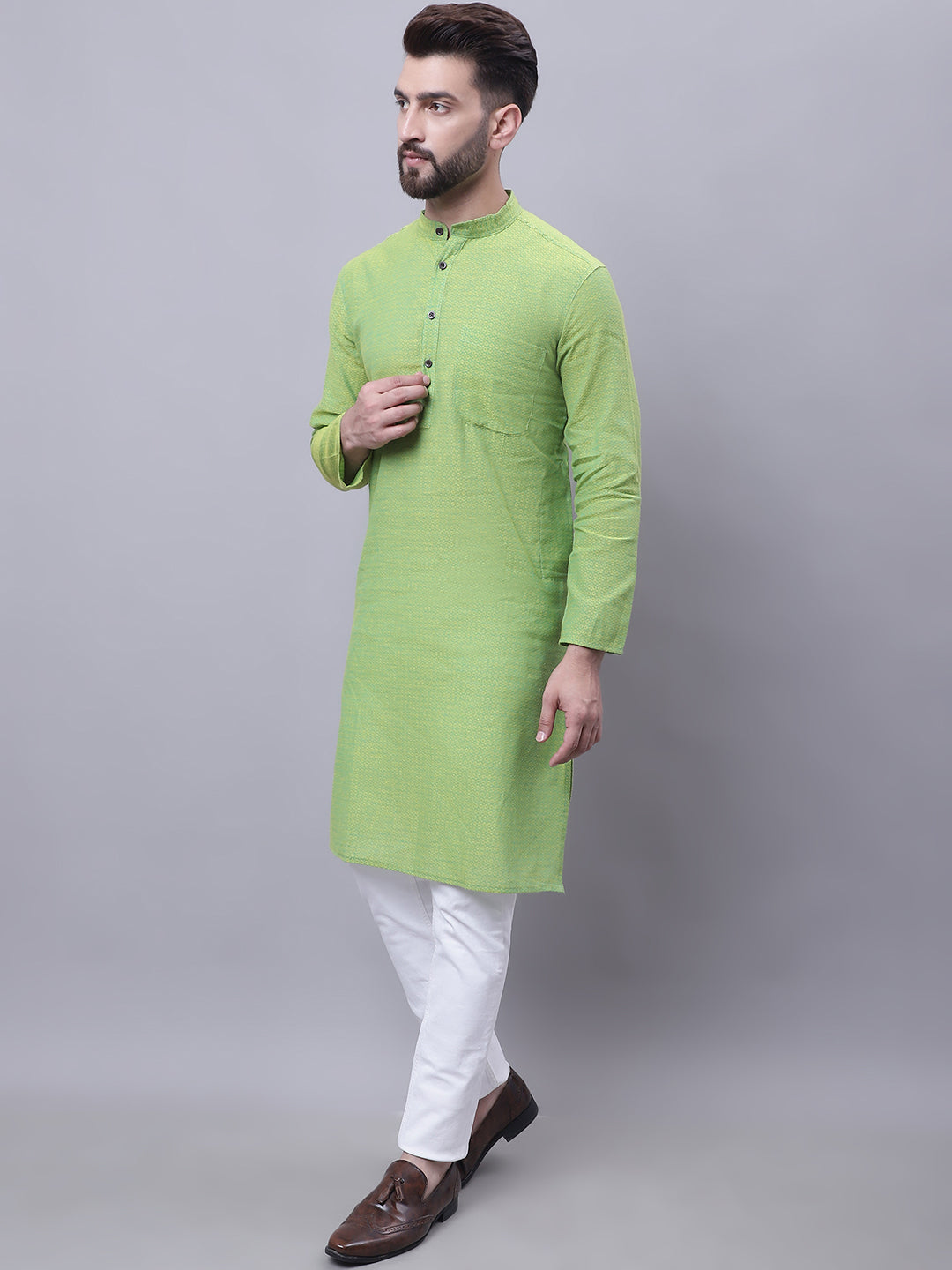 Even Apparels Green Pure Cotton Kurta With Band Collar - Distacart